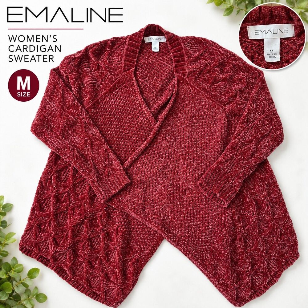 Emaline Women's Burgundy Red Open Front Textured Knit Cardigan Sweater M